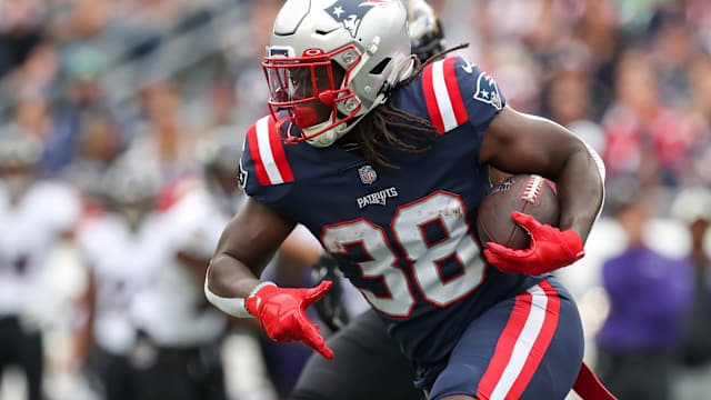 Sep 25, 2022; Foxborough, Massachusetts, USA; New England Patriots running back Rhamondre Stevenson (38) runs the ball during the first half against the Baltimore Ravens at Gillette Stadium.